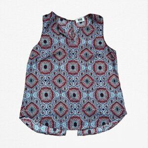 Blue and Red Sleeveless Top with Geometric Design